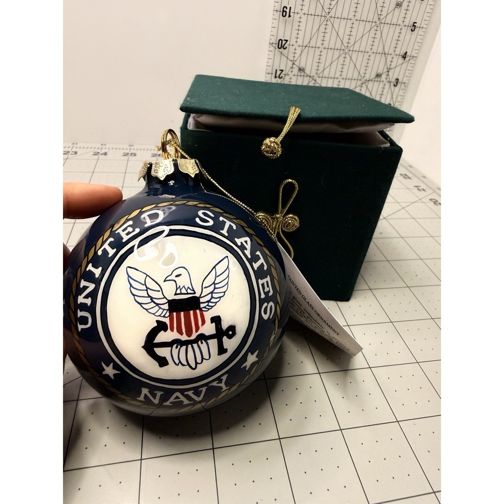 United States Navy Alessandra Glass Reverse Painted Ornament w/ Box